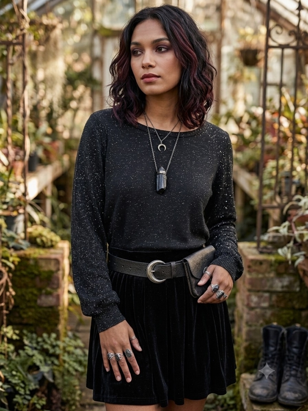 Celestial Goth Shimmer Boatneck Top Whimsigoth Dark Fairy Grunge Black Silver
